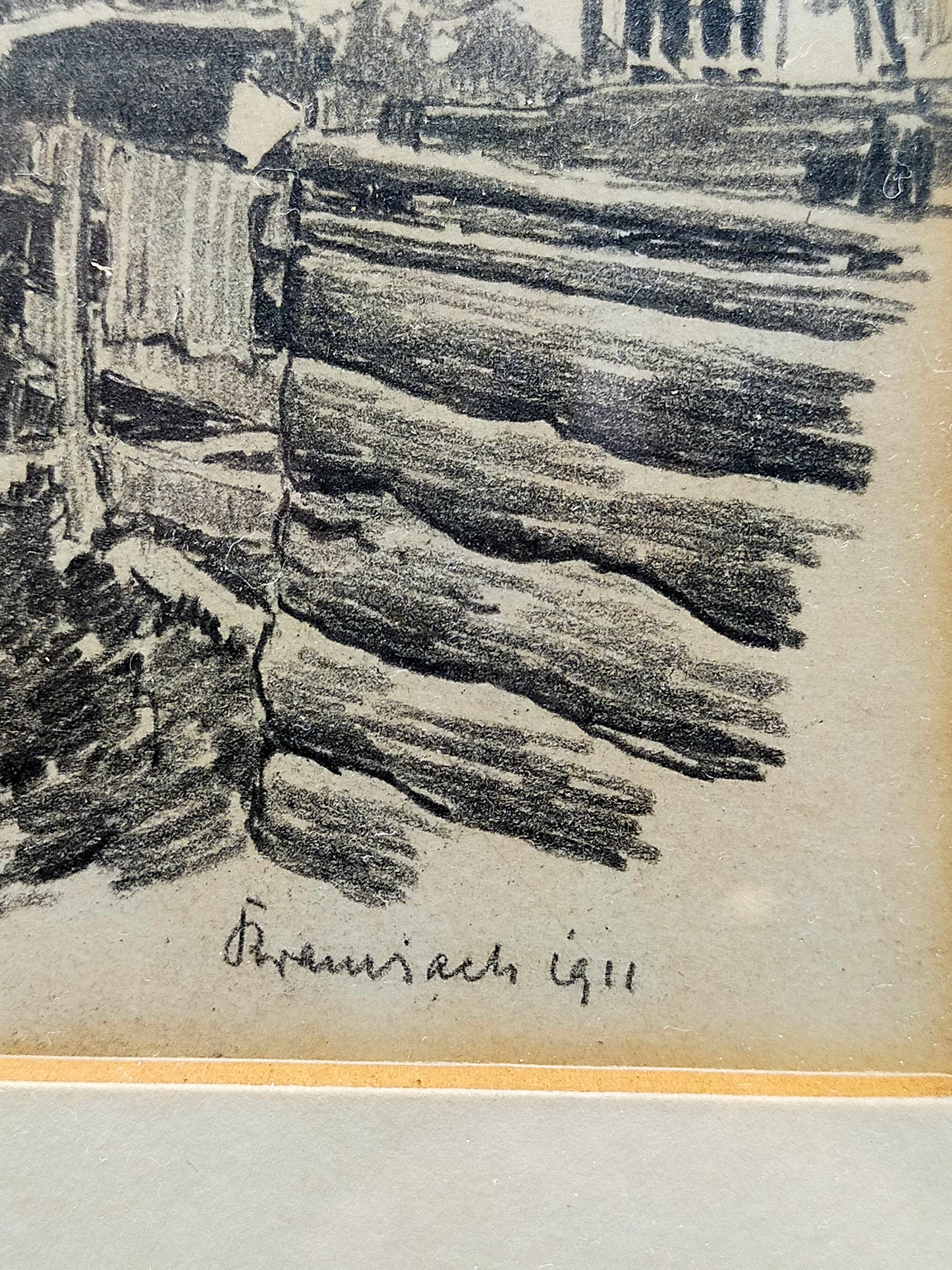 Deutsche Schule (XX) Historische Wassermühle Kohlezeichnung 1911