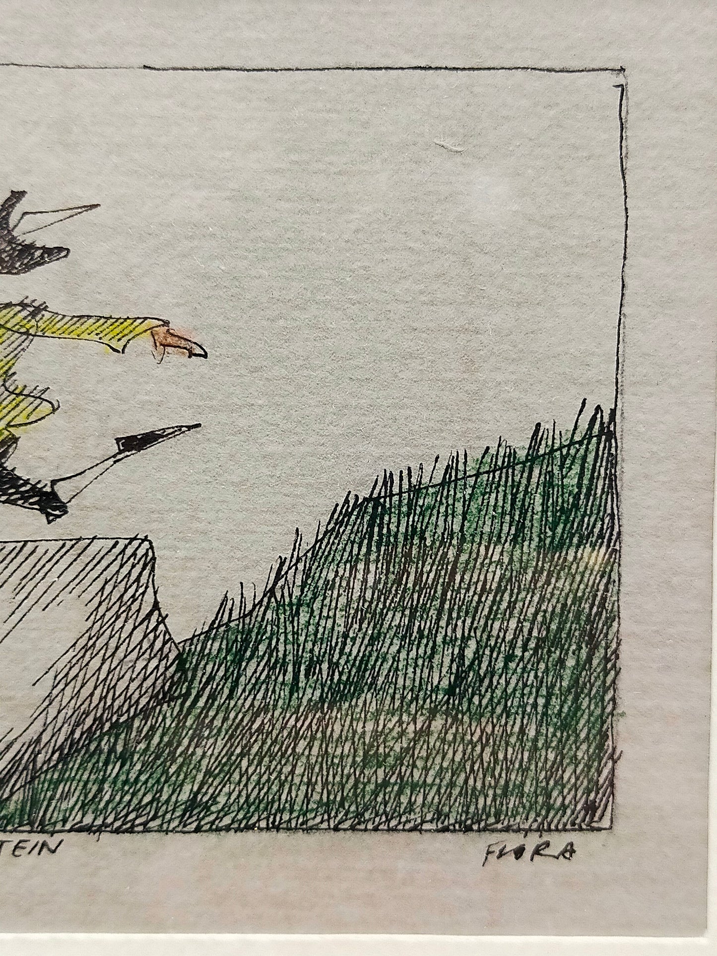 Paul Flora Der kühne Sprung über den Stein Kolorierte Grafik Rahmung