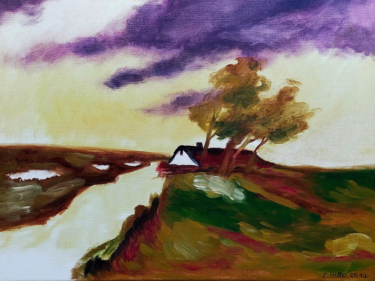 L. Hiller (2012) Idyllische Flusslandschaft mit Reetdachhaus Gemälde
