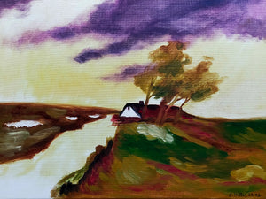 L. Hiller (2012) Idyllische Flusslandschaft mit Reetdachhaus Gemälde