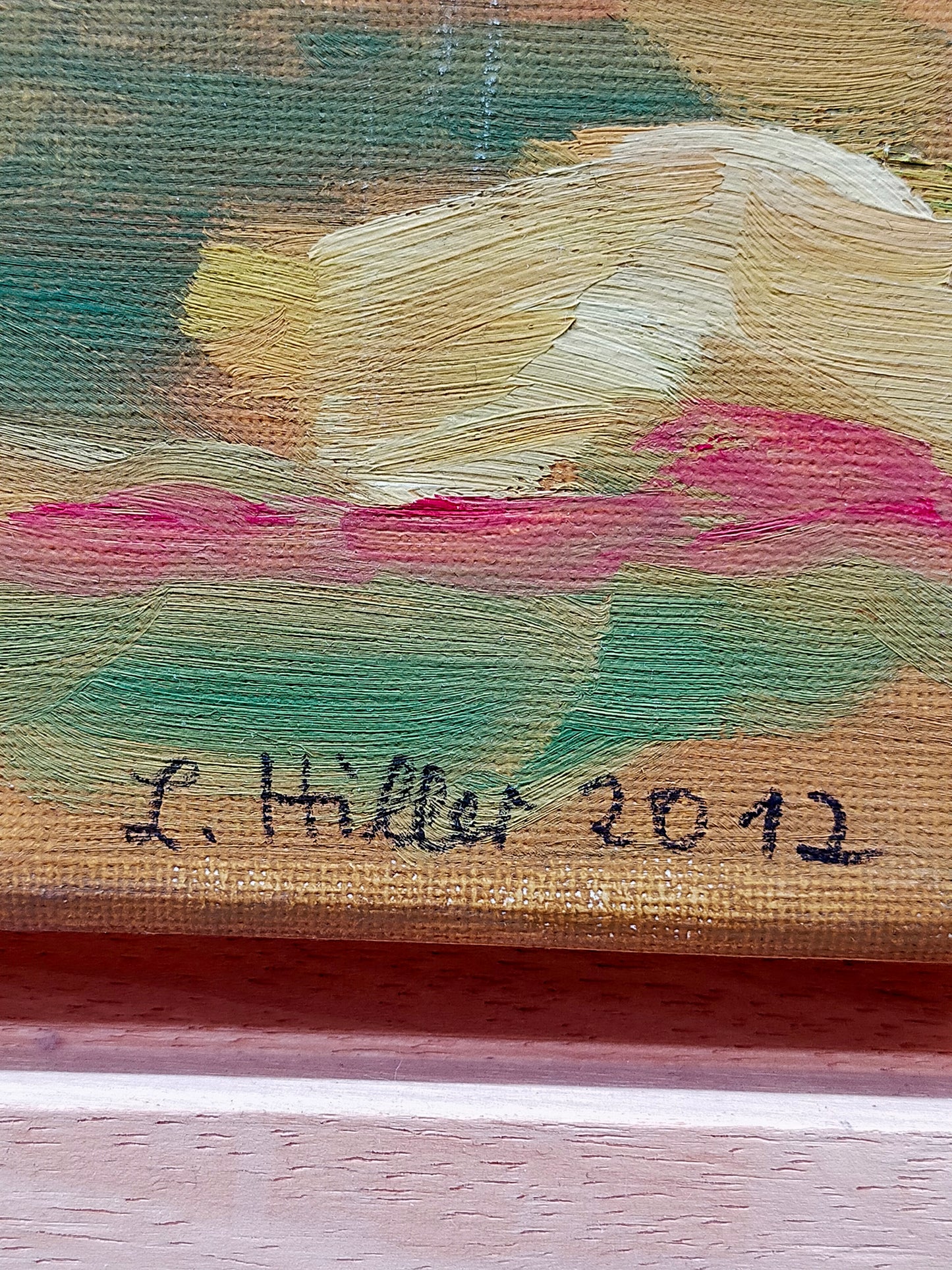 L. Hiller (2012) Idyllische Flusslandschaft mit Reetdachhaus Gemälde