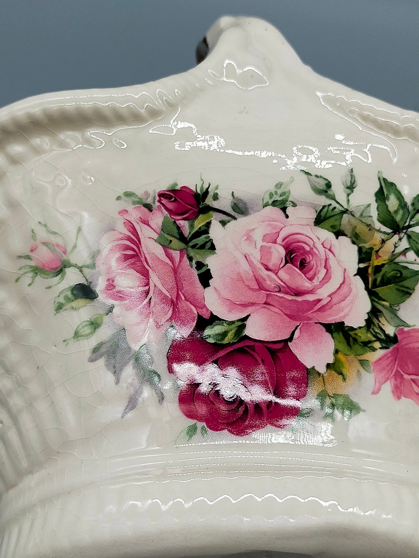 Staffordshire Porzellan Henkelkorb Antikes Rosendekor
