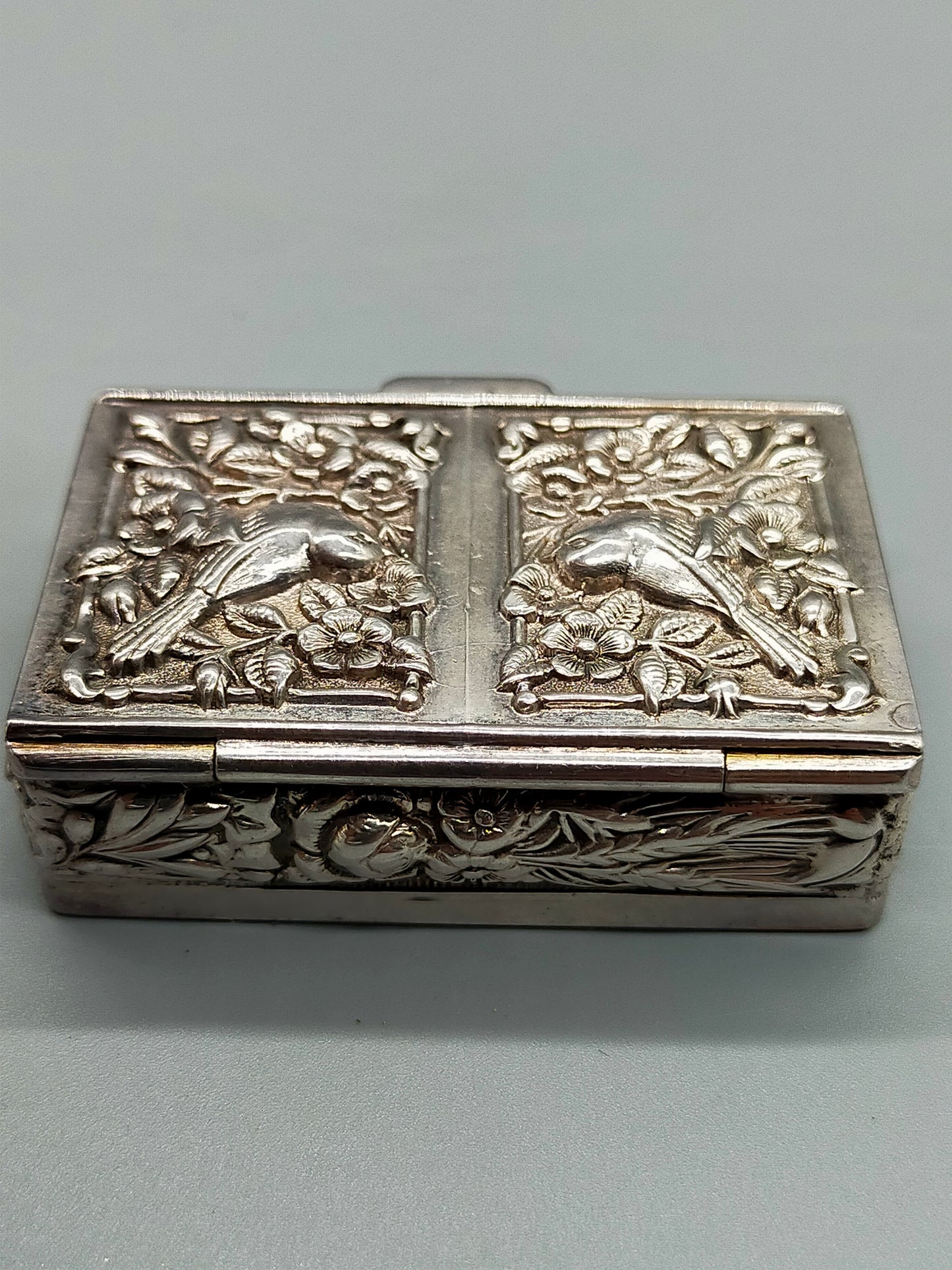 Edle 925 Silber Dose mit Vogelmotiv Antike Schatulle Vergoldet