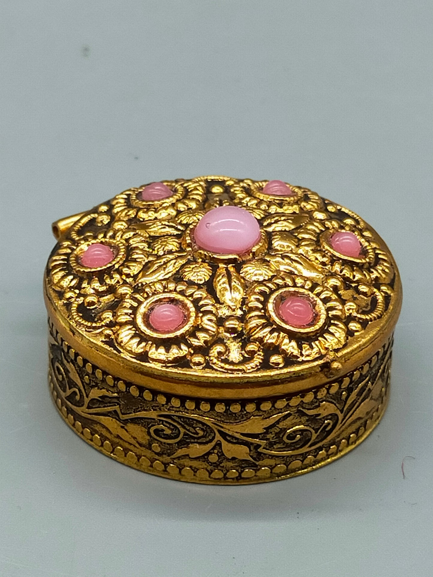 Edle Vintage Silber Pillendose mit Rosa Steinen – Elegante Schatulle