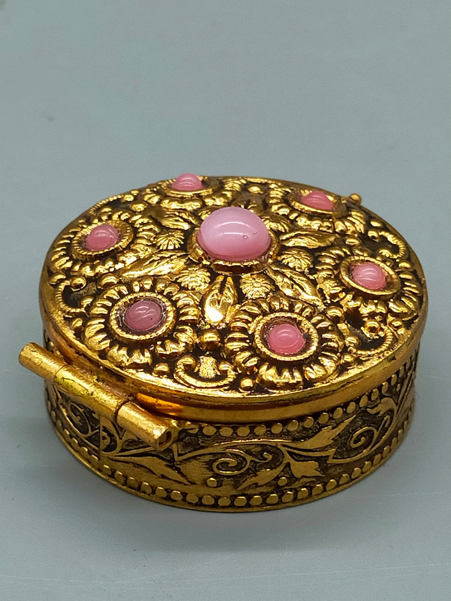 Edle Vintage Silber Pillendose mit Rosa Steinen – Elegante Schatulle