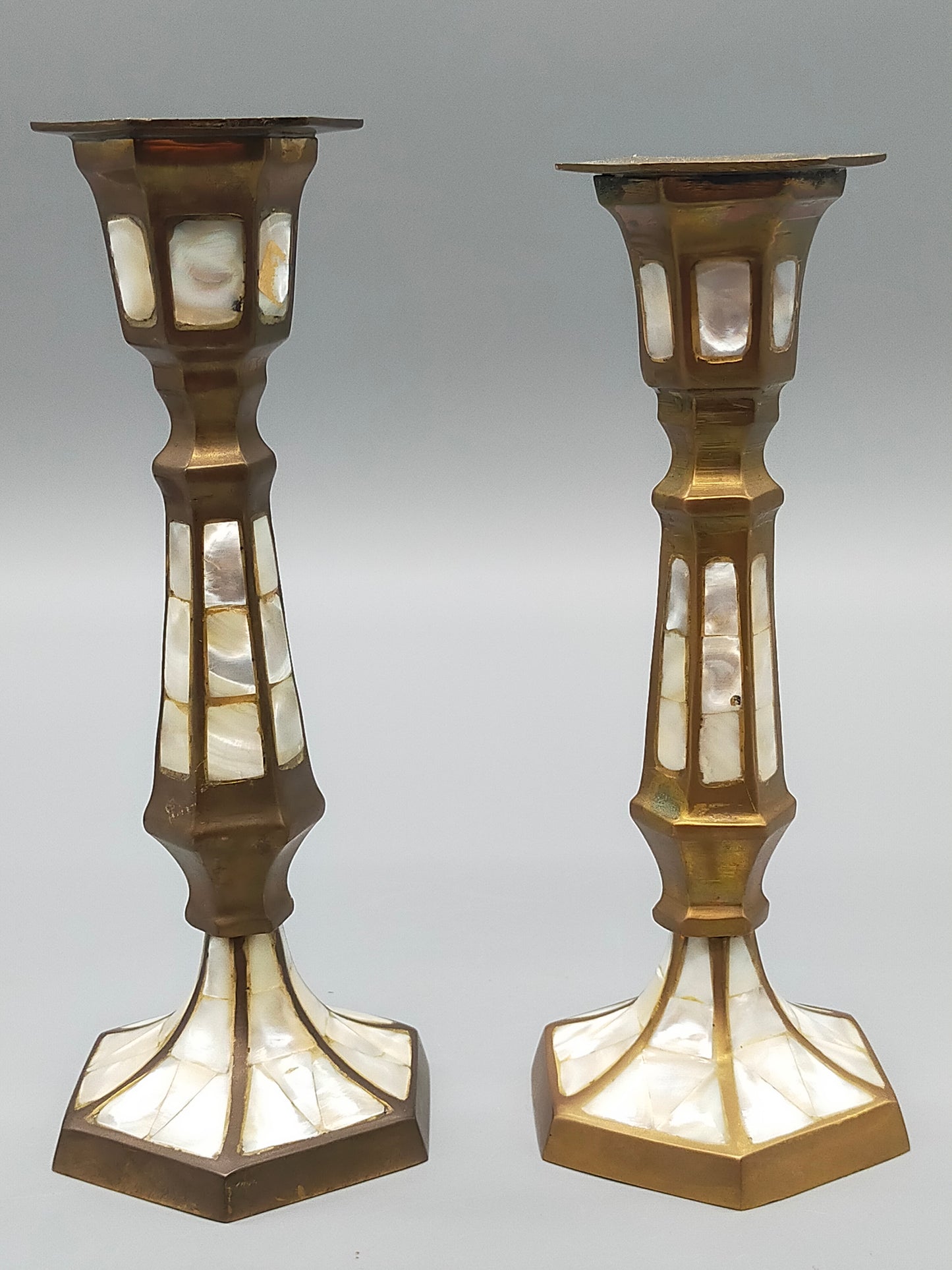 Elegante Messing Kerzenständer mit Perlmutt – 2er Set Tischleuchter