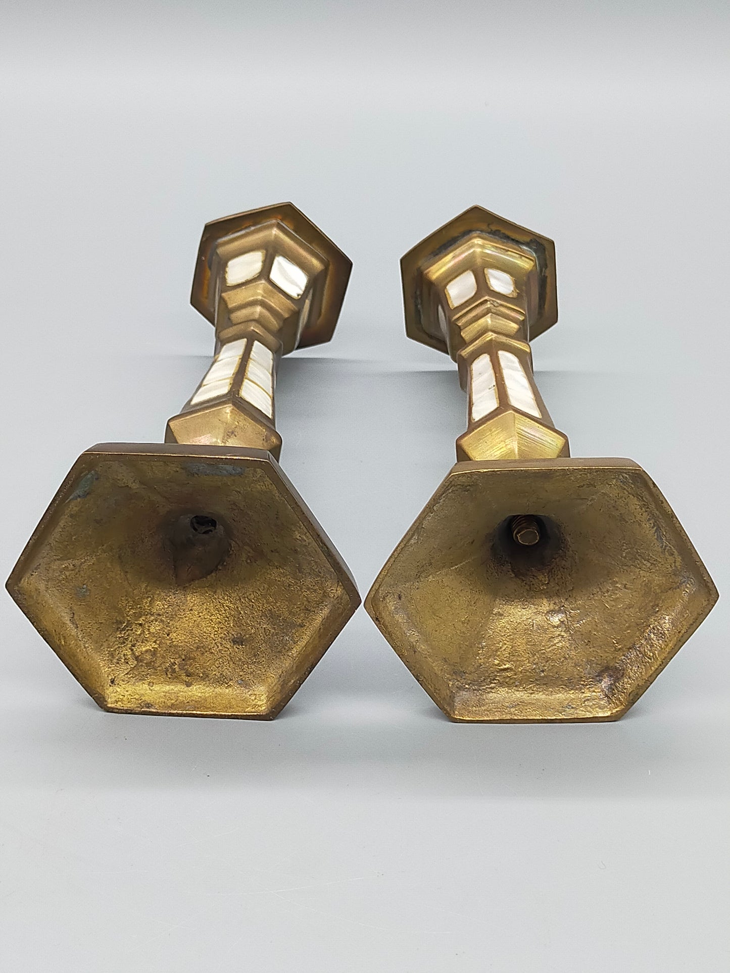 Elegante Messing Kerzenständer mit Perlmutt – 2er Set Tischleuchter