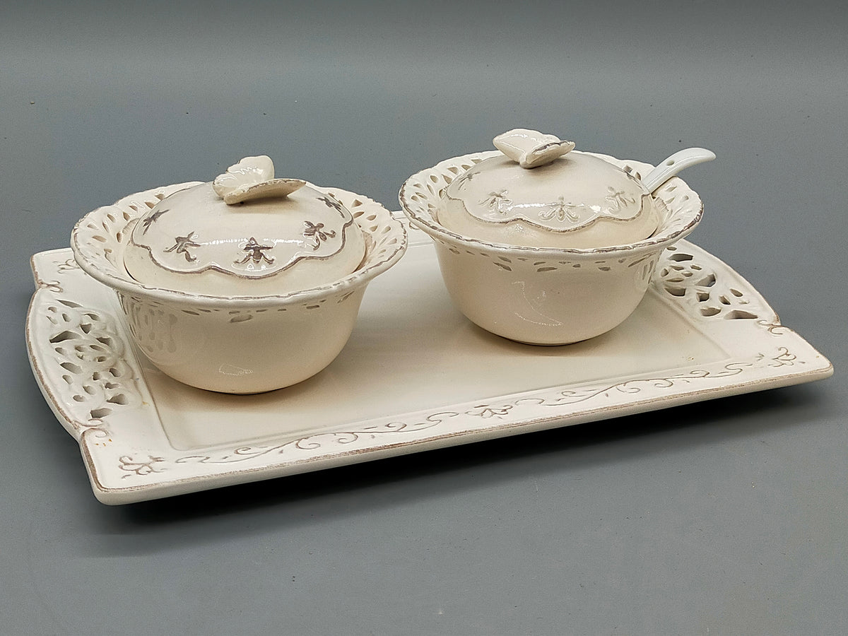 Elegantes Servierset – Porzellan Tablett mit zwei Schalen und Löffeln