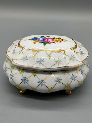 Handbemalte MO Porzellan Dose mit Goldstaffierung und Blumenmotiv