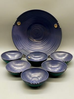 Handgefertigtes Keramik-Set – Große Schale und 6 Suppentassen in Blau