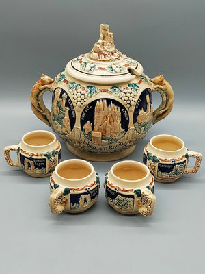 Antikes Keramik Bowle-Set – Rheinische Burgen Motive mit Tassen