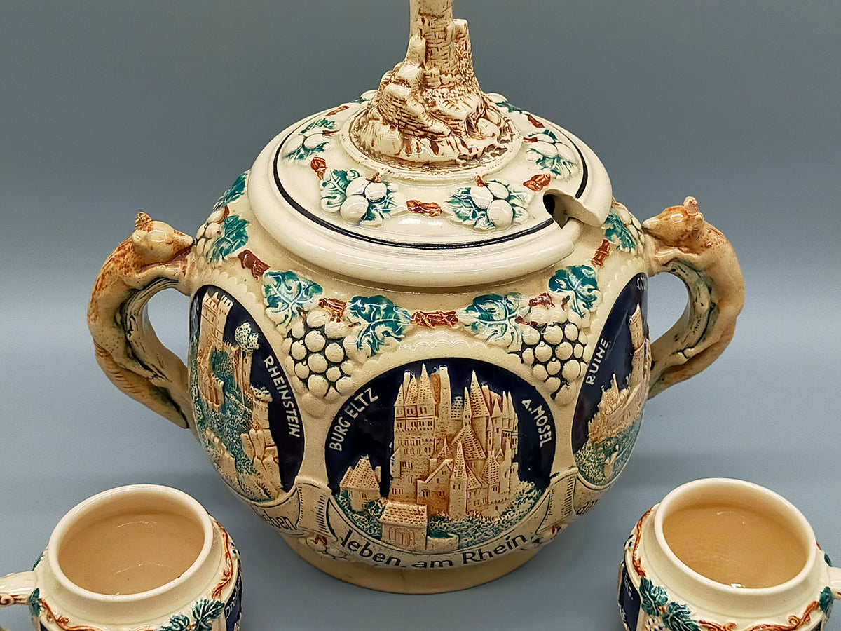 Antikes Keramik Bowle-Set – Rheinische Burgen Motive mit Tassen