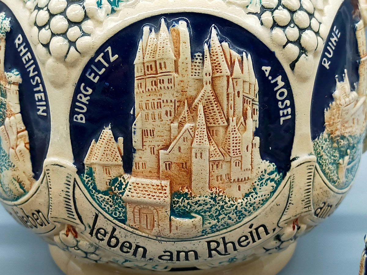 Antikes Keramik Bowle-Set – Rheinische Burgen Motive mit Tassen