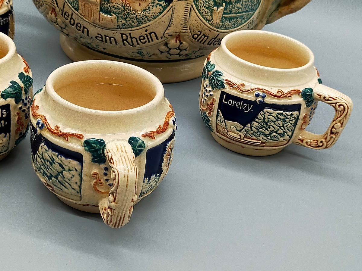 Antikes Keramik Bowle-Set – Rheinische Burgen Motive mit Tassen