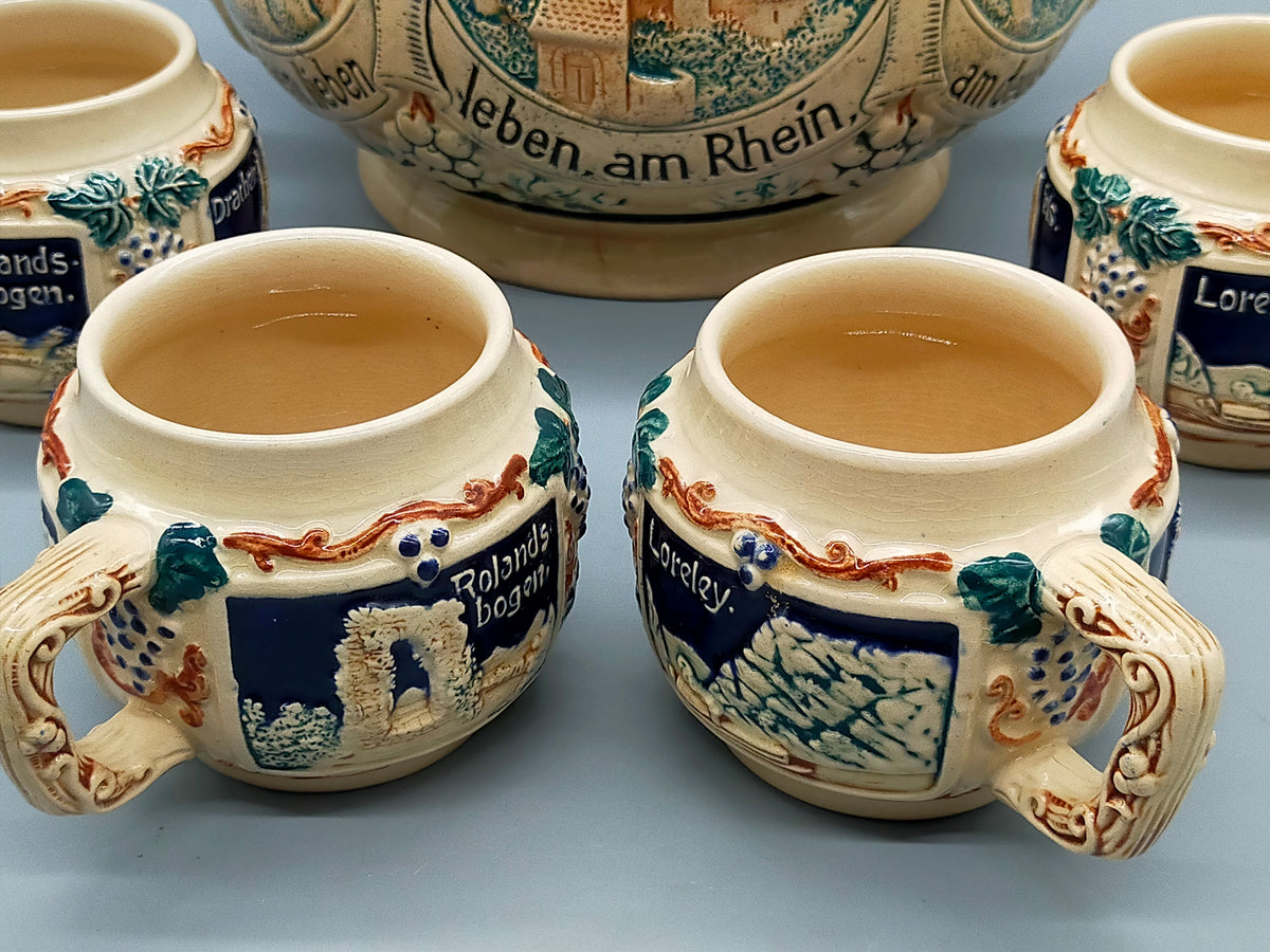 Antikes Keramik Bowle-Set – Rheinische Burgen Motive mit Tassen