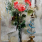 Stilvolles Aquarell von Hahn – Stillleben mit Rosen und Kerzenleuchter