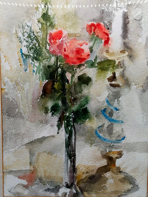 Stilvolles Aquarell von Hahn – Stillleben mit Rosen und Kerzenleuchter