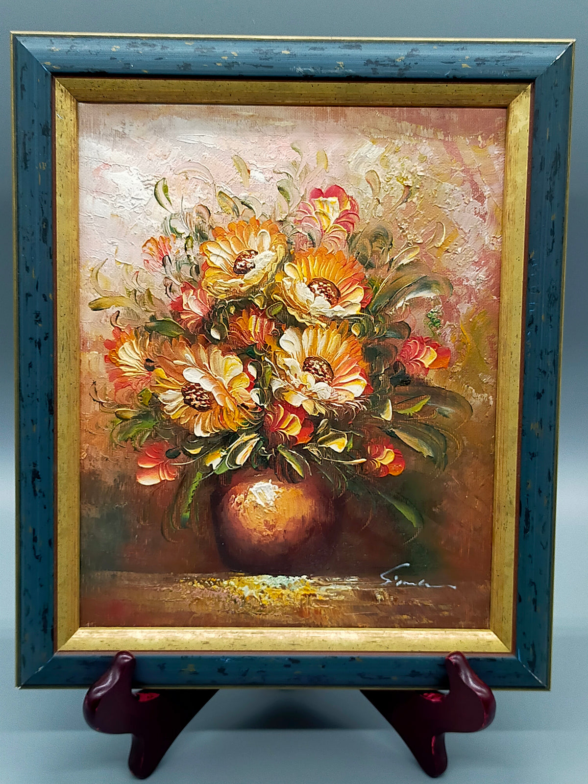 Gemälde Öl auf Leinwand – Blumenstillleben signiert Simbari