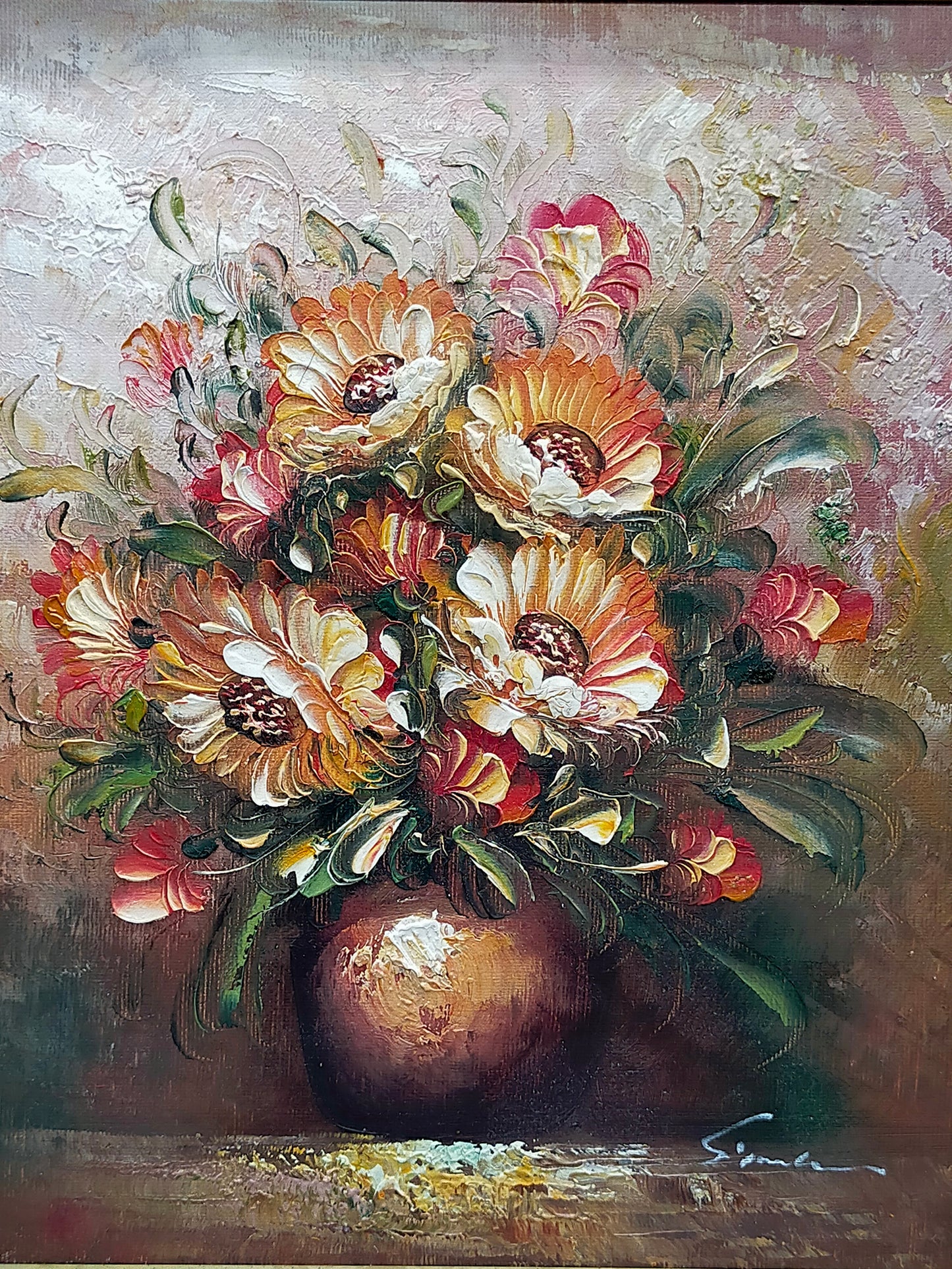 Gemälde Öl auf Leinwand – Blumenstillleben signiert Simbari