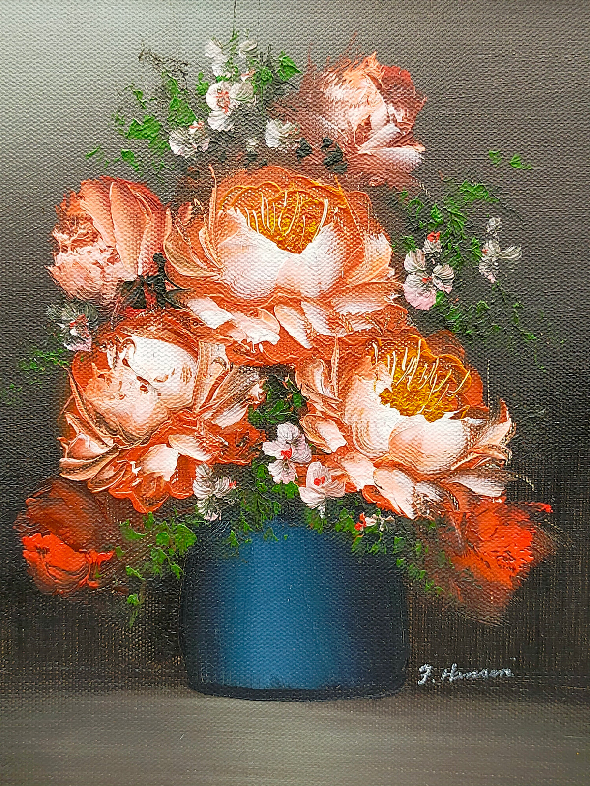 Ölgemälde – Blumenstillstand Pfingstrosen signiert J. Hansen