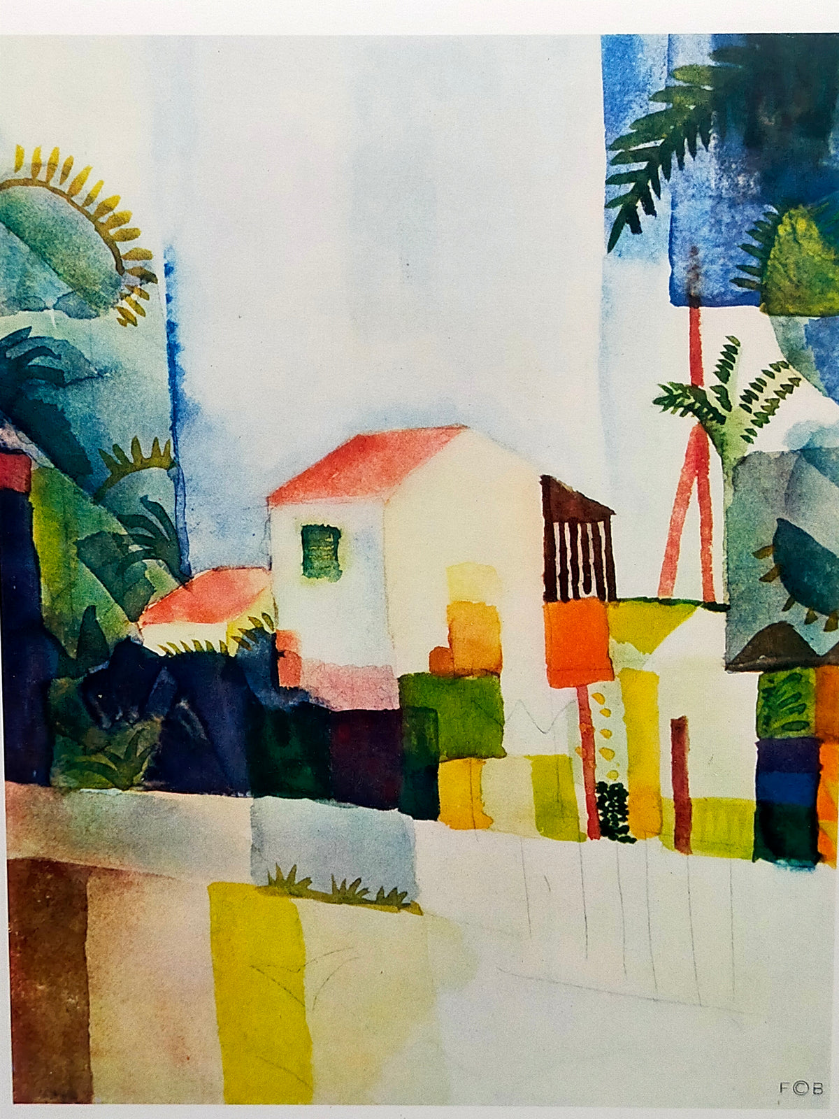 Deutsche Schule (XX) - Abstraktes Haus im Garten - Farbige Lithographie