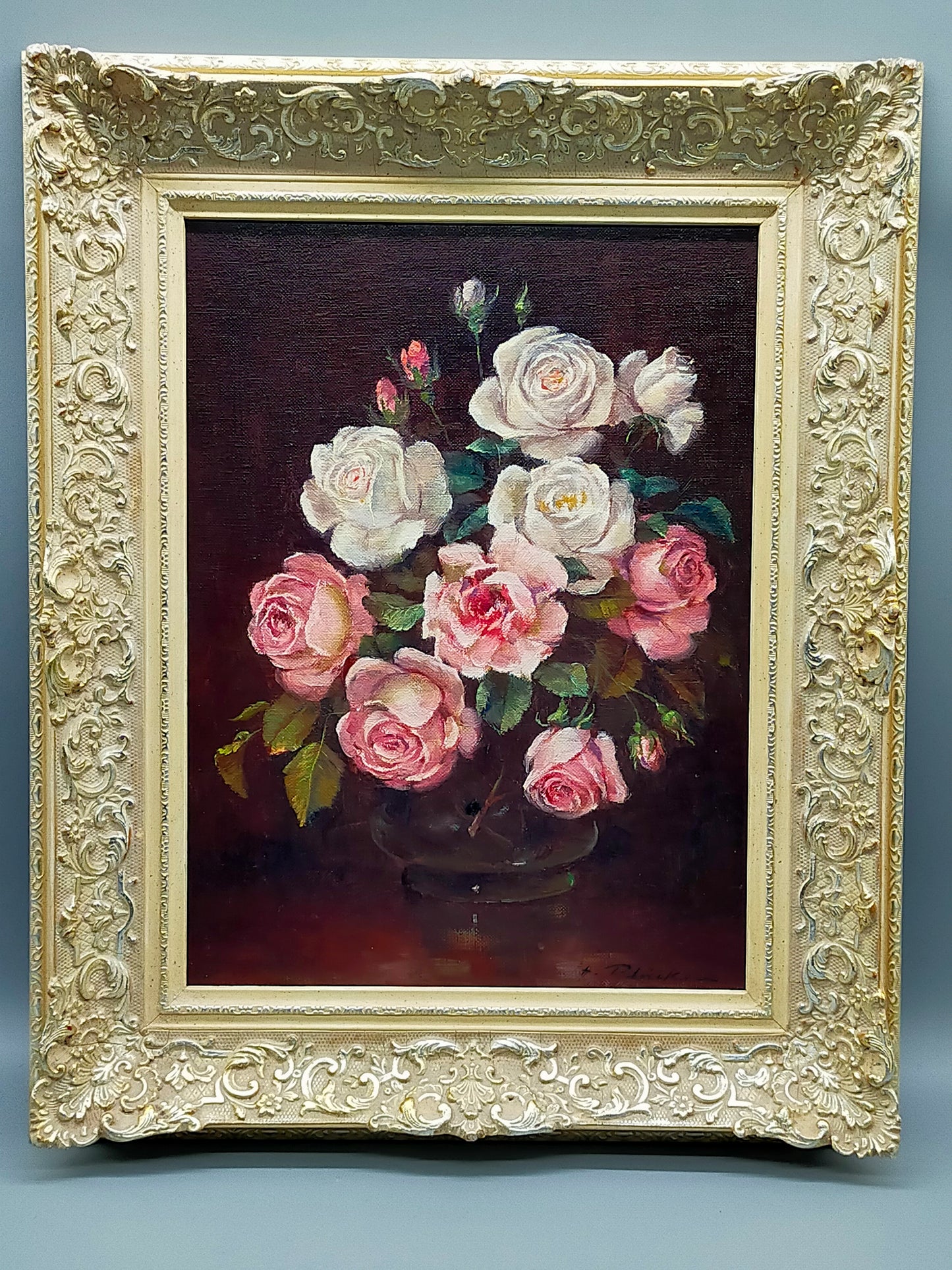 Ölgemälde Rosenstilleben – Gerahmtes Blumenbild Von H. Plück