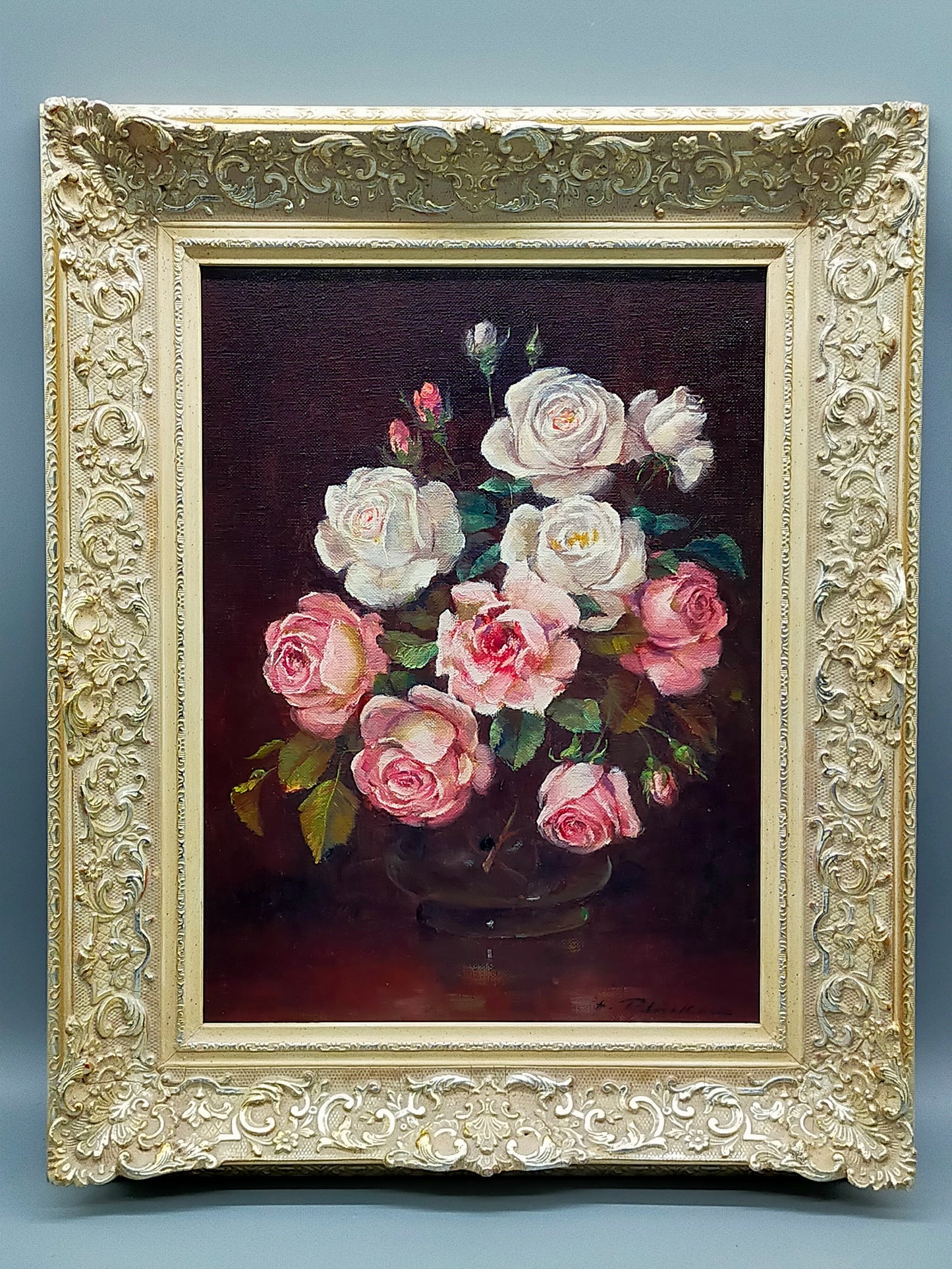 Ölgemälde Rosenstilleben – Gerahmtes Blumenbild Von H. Plück