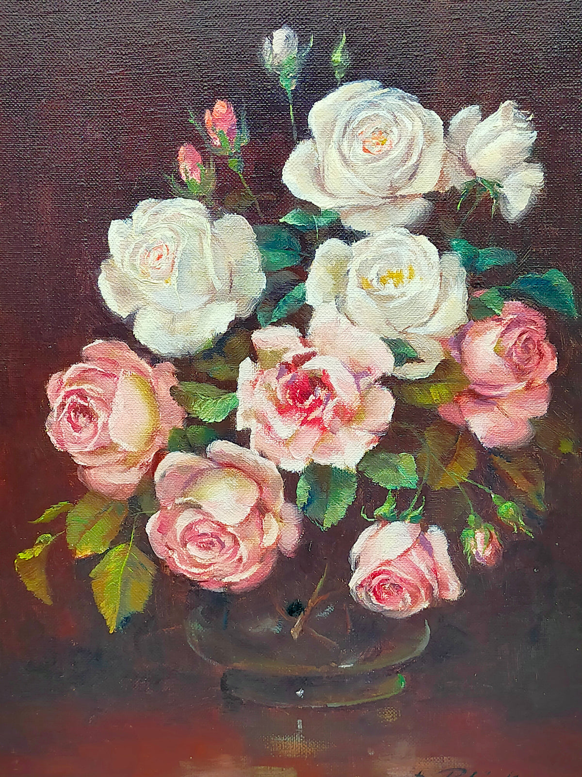 Ölgemälde Rosenstilleben – Gerahmtes Blumenbild Von H. Plück