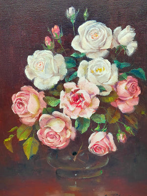 Ölgemälde Rosenstilleben – Gerahmtes Blumenbild Von H. Plück