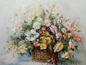 Elegantes Ölgemälde – Blumenstrauß in Korb von Zaliki