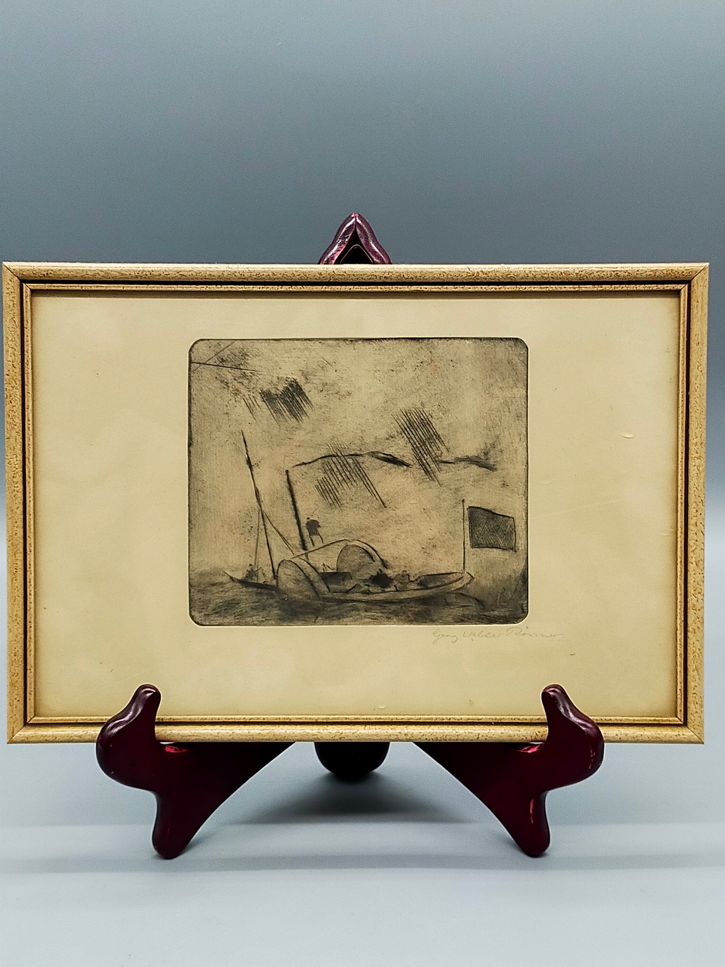 Original Radierung Georg Walter Rössner – Maritime Szene mit Boot