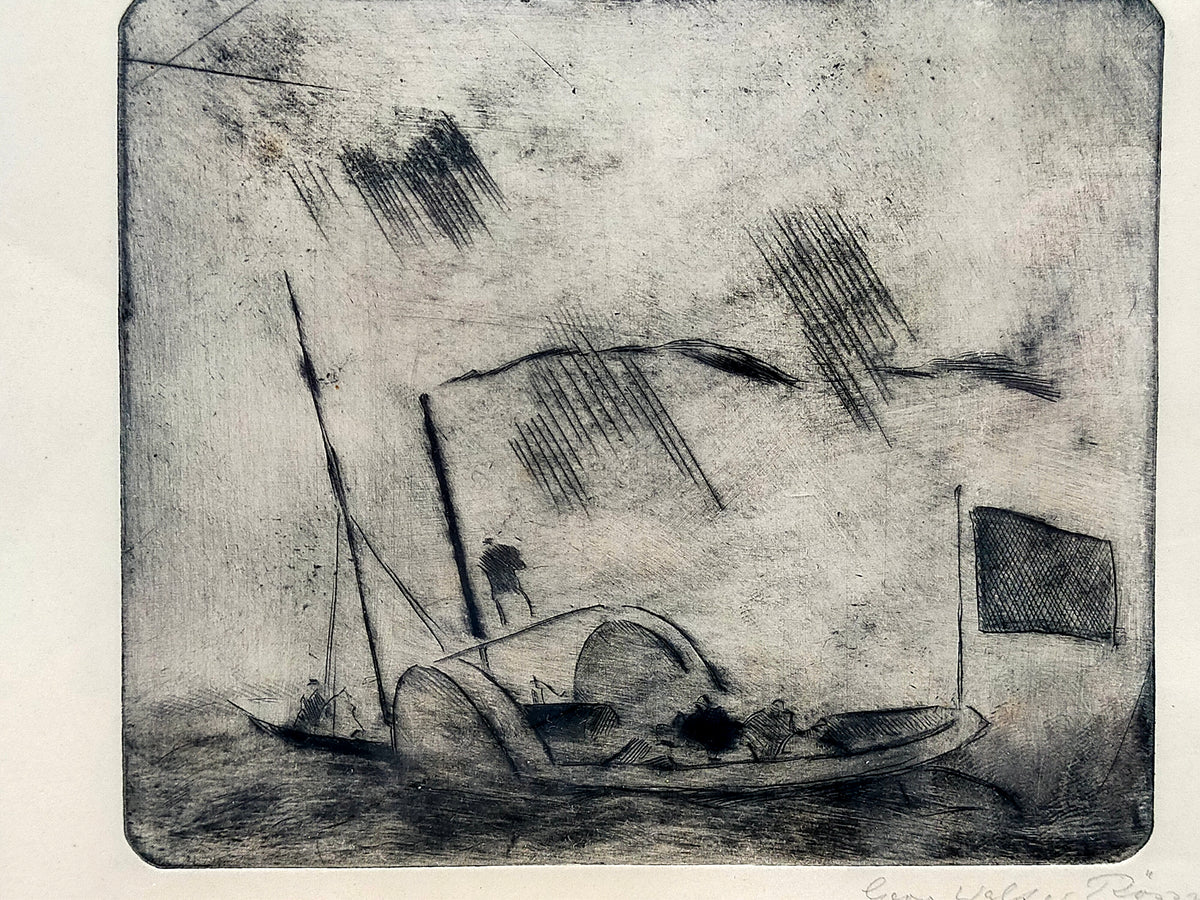 Original Radierung Georg Walter Rössner – Maritime Szene mit Boot