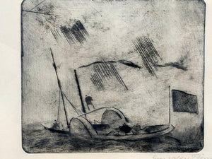 Original Radierung Georg Walter Rössner – Maritime Szene mit Boot