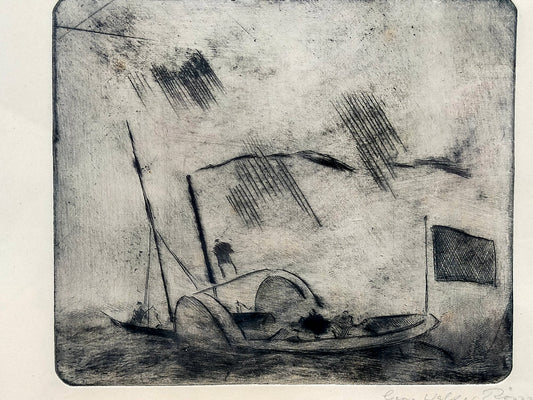 Original Radierung Georg Walter Rössner – Maritime Szene mit Boot