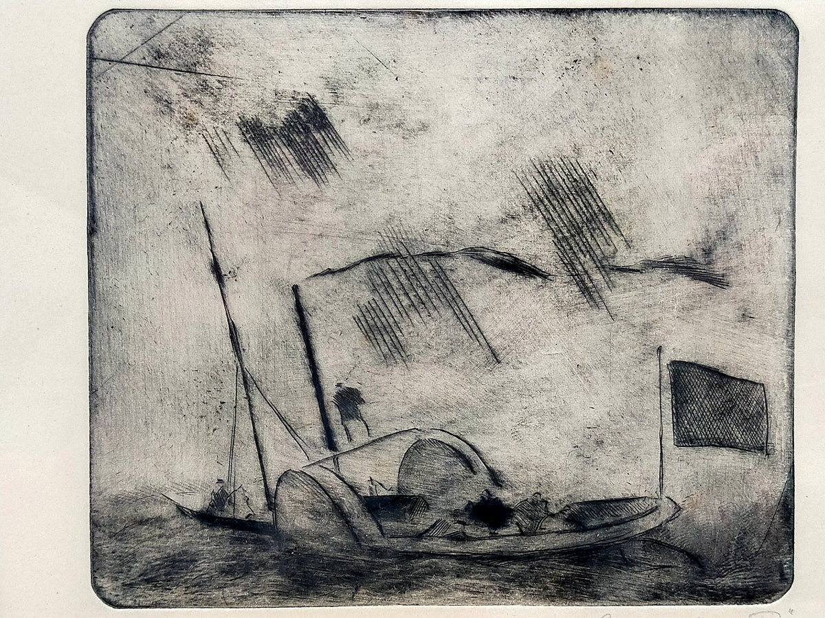 Original Radierung Georg Walter Rössner – Maritime Szene mit Boot