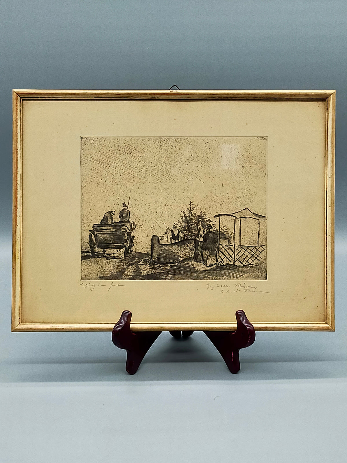 Georg Walter Rössner Radierung – Kutsche und Figuren im Park