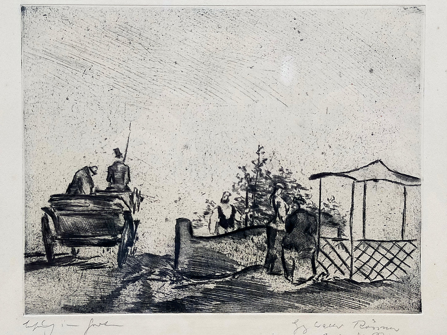 Georg Walter Rössner Radierung – Kutsche und Figuren im Park