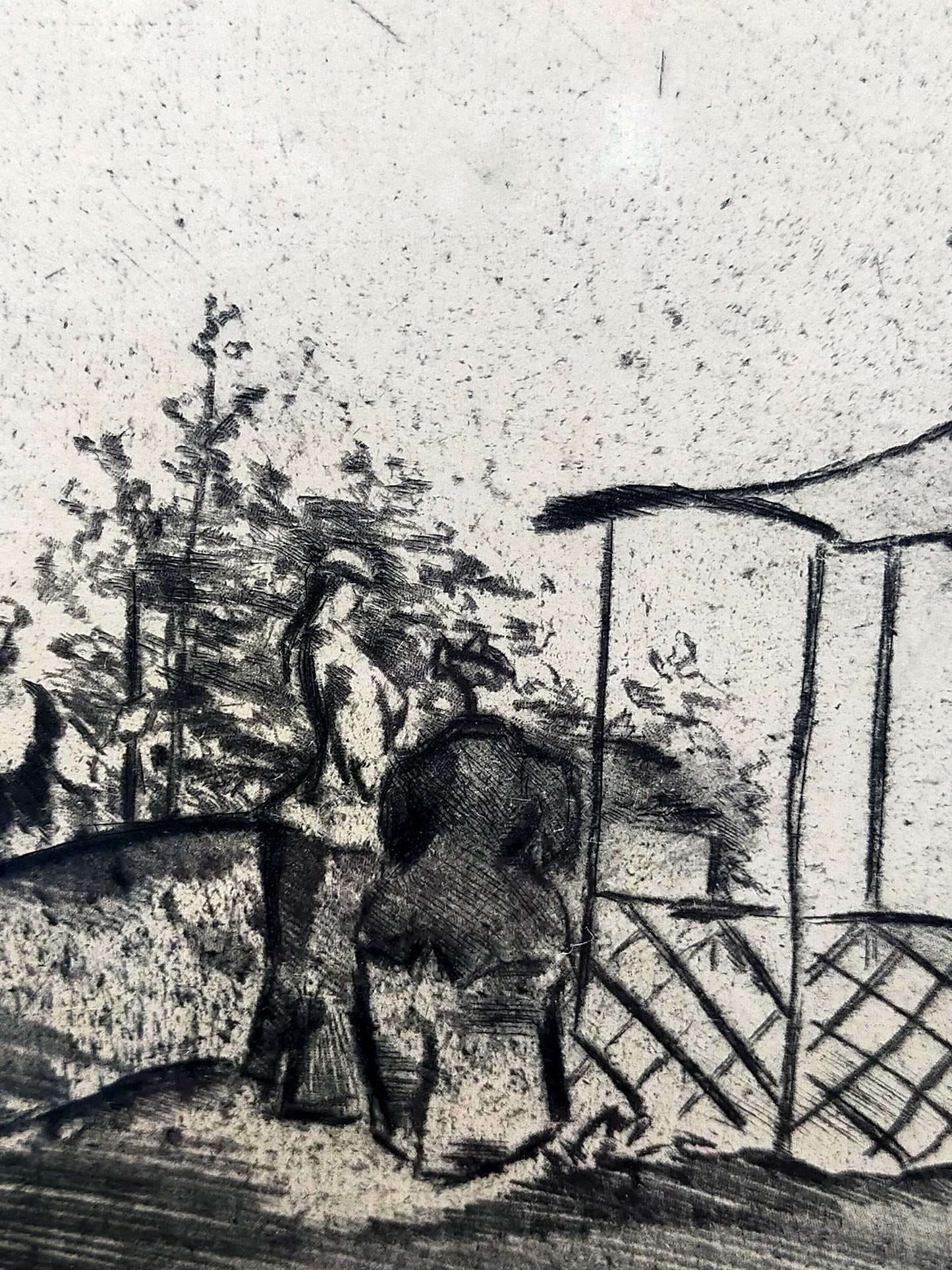 Georg Walter Rössner Radierung – Kutsche und Figuren im Park