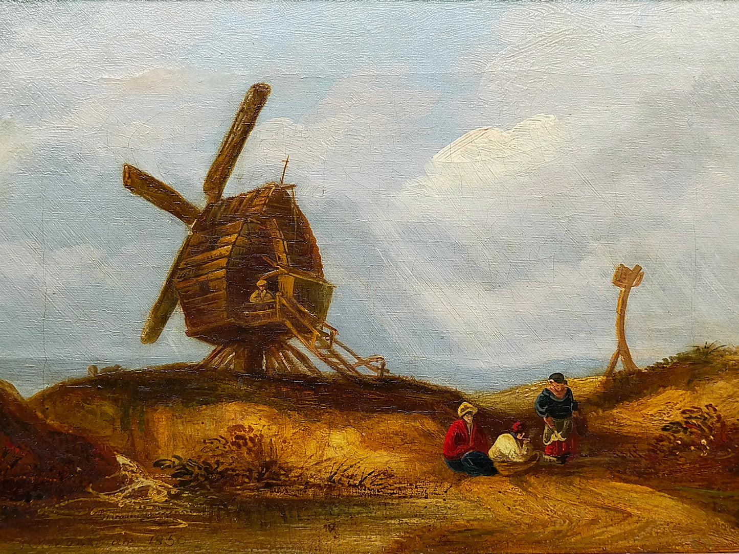 Öl Gemälde Windmühle Landschaft C. Mancolm 1850