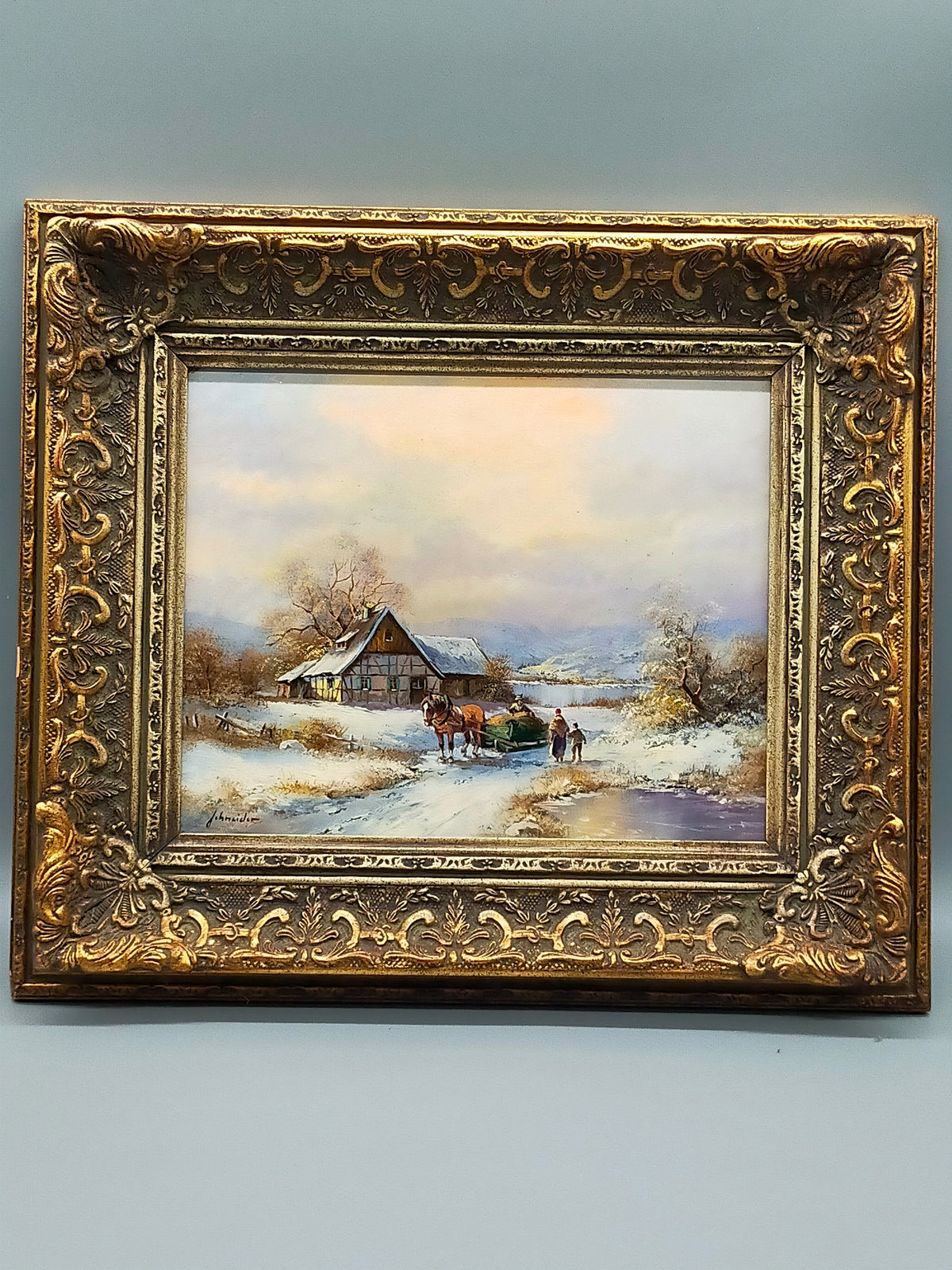 Öl auf Holz – Schneelandschaft mit Fachwerkhaus und Pferdeschlitten