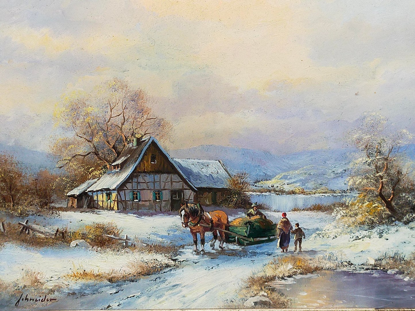 Öl auf Holz – Schneelandschaft mit Fachwerkhaus und Pferdeschlitten