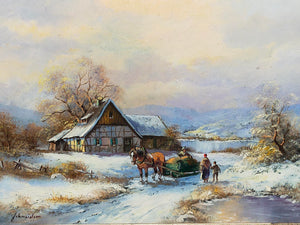 Öl auf Holz – Schneelandschaft mit Fachwerkhaus und Pferdeschlitten
