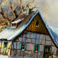 Öl auf Holz – Schneelandschaft mit Fachwerkhaus und Pferdeschlitten