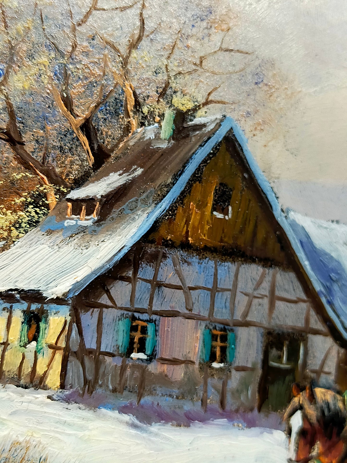 Öl auf Holz – Schneelandschaft mit Fachwerkhaus und Pferdeschlitten