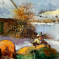 Öl auf Holz – Schneelandschaft mit Fachwerkhaus und Pferdeschlitten