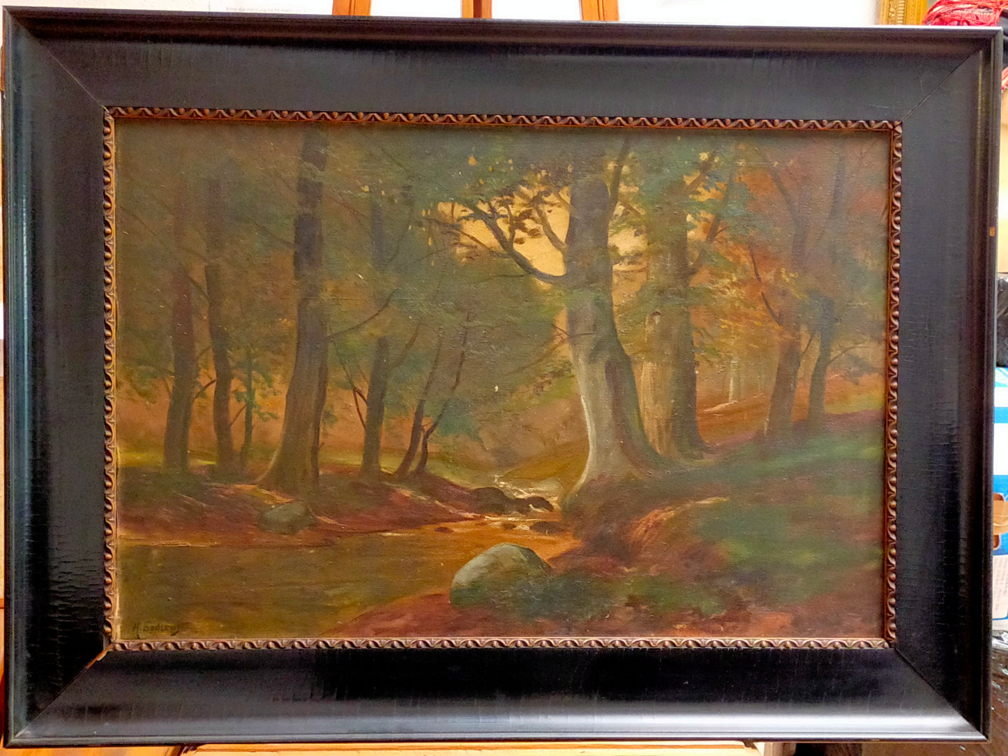 H. Godzews Ölgemälde – Romantische Waldlandschaft mit Bachlauf