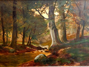 H. Godzews Ölgemälde – Romantische Waldlandschaft mit Bachlauf