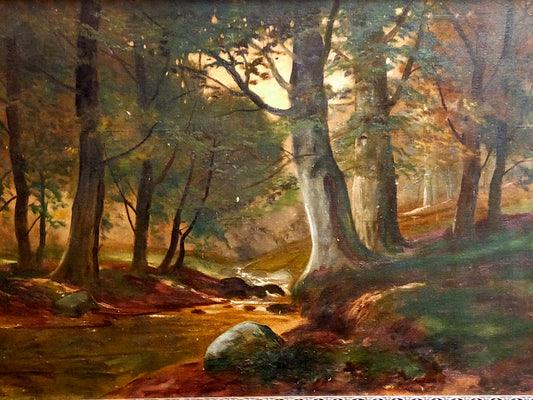 H. Godzews Ölgemälde – Romantische Waldlandschaft mit Bachlauf