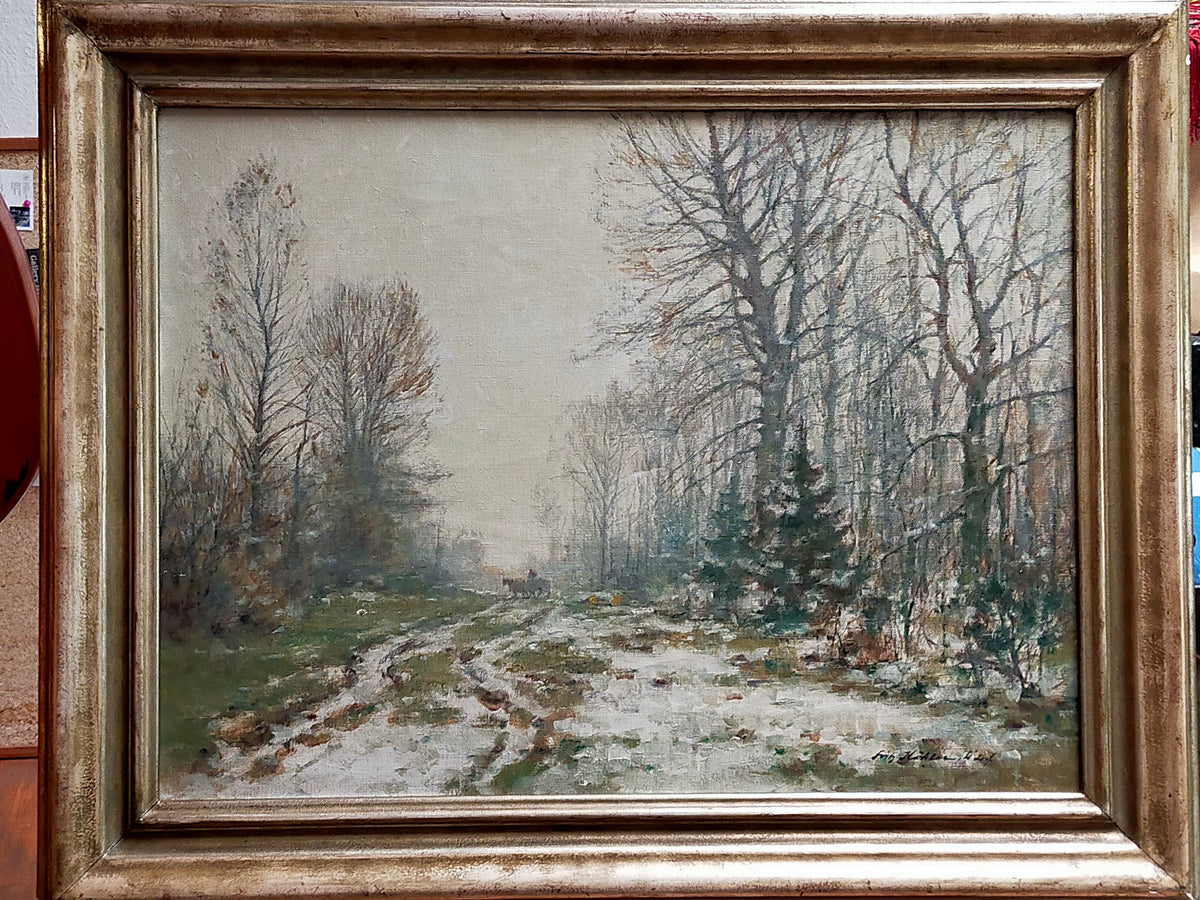 Fritz Köhler – Winterliche Waldlandschaft mit Pferdekutsche – Ölgemälde