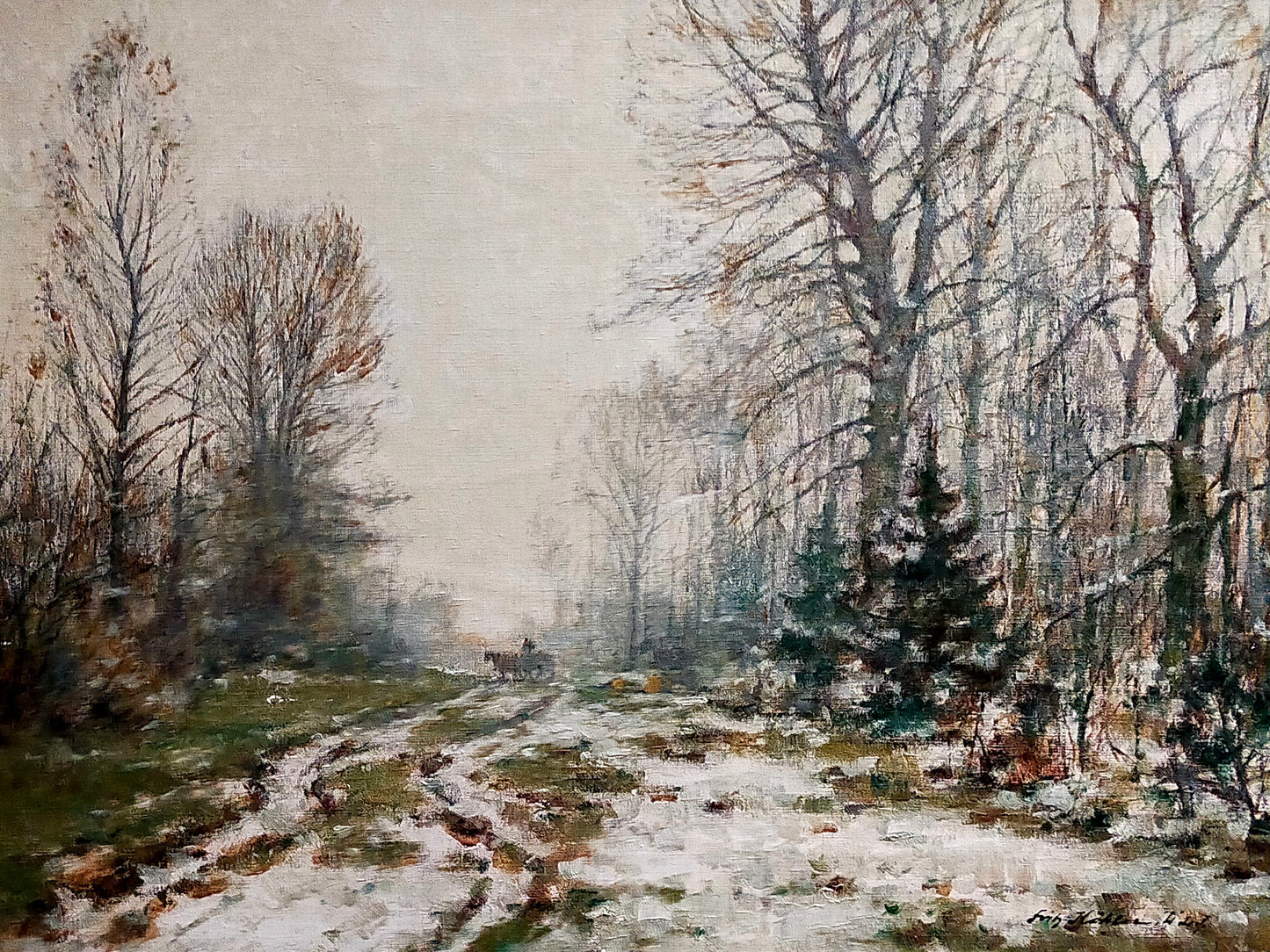 Fritz Köhler – Winterliche Waldlandschaft mit Pferdekutsche – Ölgemälde